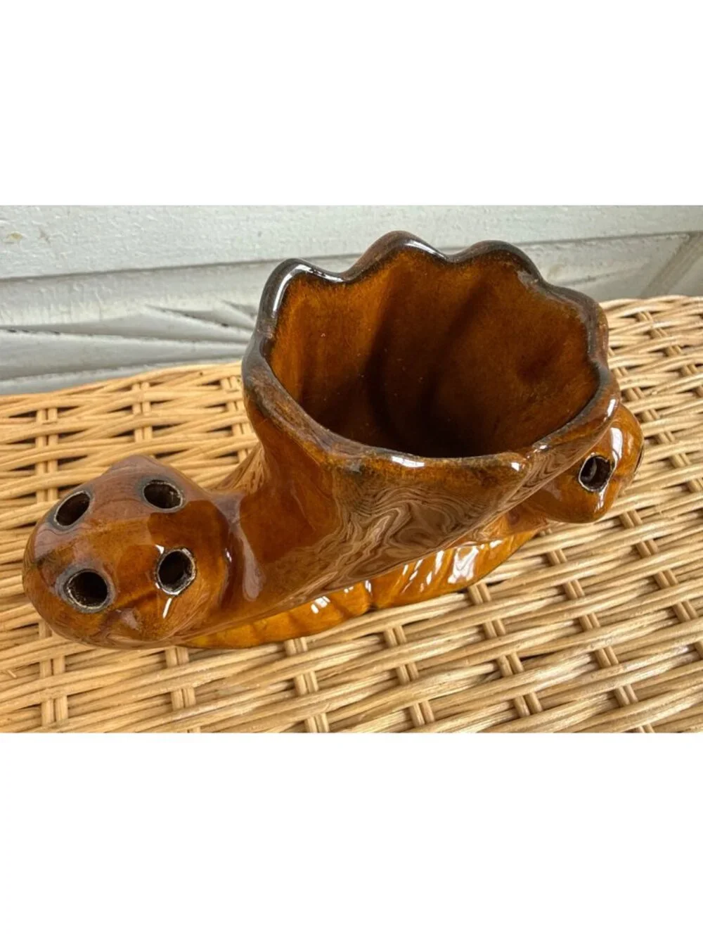Vintage 70s Anna Van Briggle Brown Pottery Flower Frog Vase